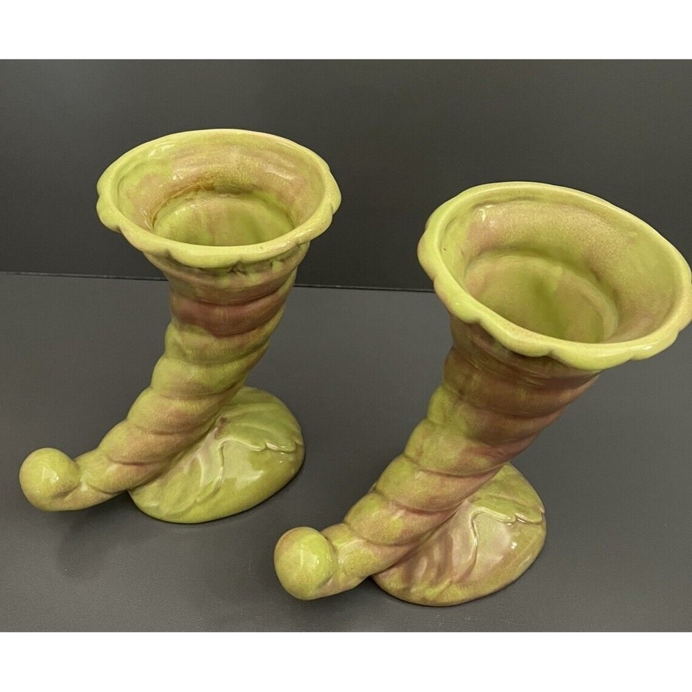 2 Vases West Coast Pottery California 210 Cornucopia Horn Vase Art Deco Vintage - Picture 2 of 10
